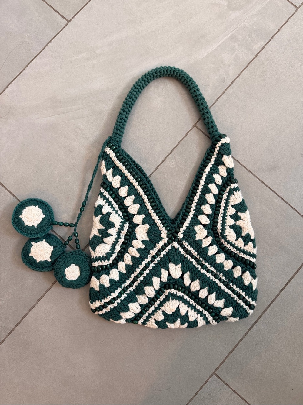 Zara Crochet Shoulder Bag in Dark Green  and White